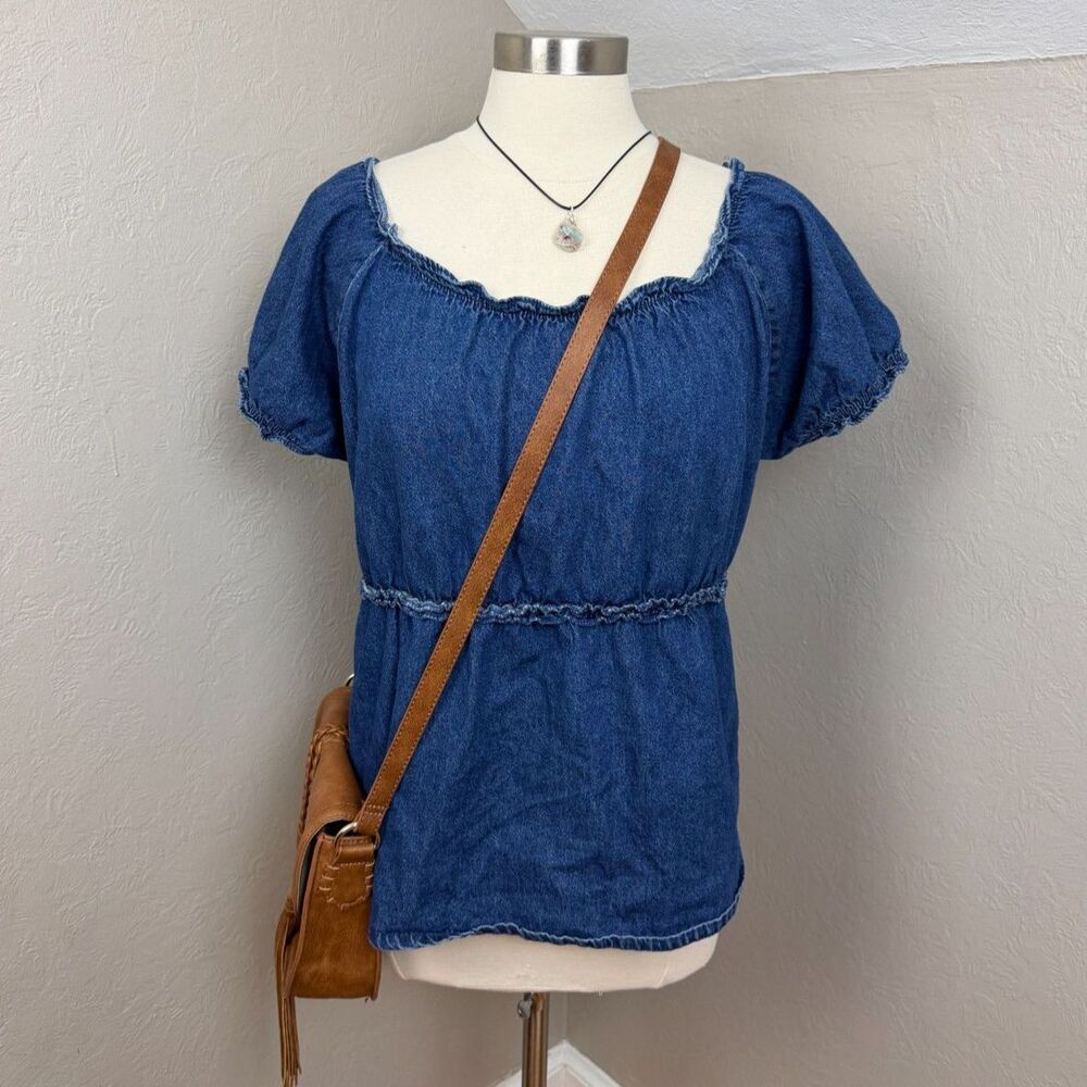 Y2K Zoey Beth Plus 2X Denim Off The Shoulder Smocked Peasant Top